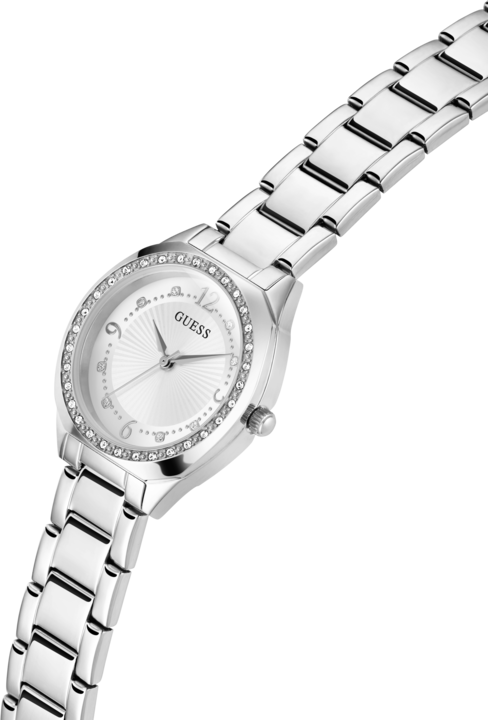 Produktbild Guess P SLV CS W/ CRYS / SUN WHT DL / P SLV BRCT Armbanduhr (Uhr mit Schmuckstein, 30 mm)
