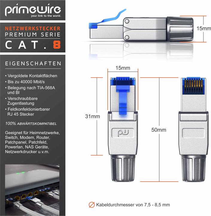Image du produit Primewire 10x connecteur réseau RJ45 CAT 8 câblable sur le terrain, connecteur CAT8 pour câble LAN câble (Câble réseau Connecteur)