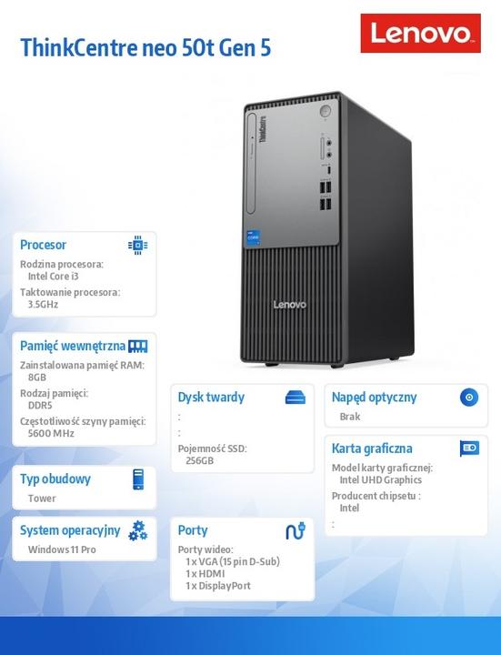 Produktbild Lenovo ThinkCentre neo 50t Gen 5 (256 GB, 8 GB, Intel Core i3-14100)