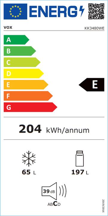 Energie-Label Vox kombinierter Kühlschrank KK 3480 W E (B, H: 197 l, B: 65 l, weiss)