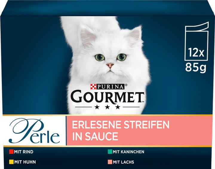 Produktbild Gourmet Erlesene Streifen in Sauce (Rind, Huhn, Kaninchen & Lachs) (Adult, 12 Stk., 1160 g)