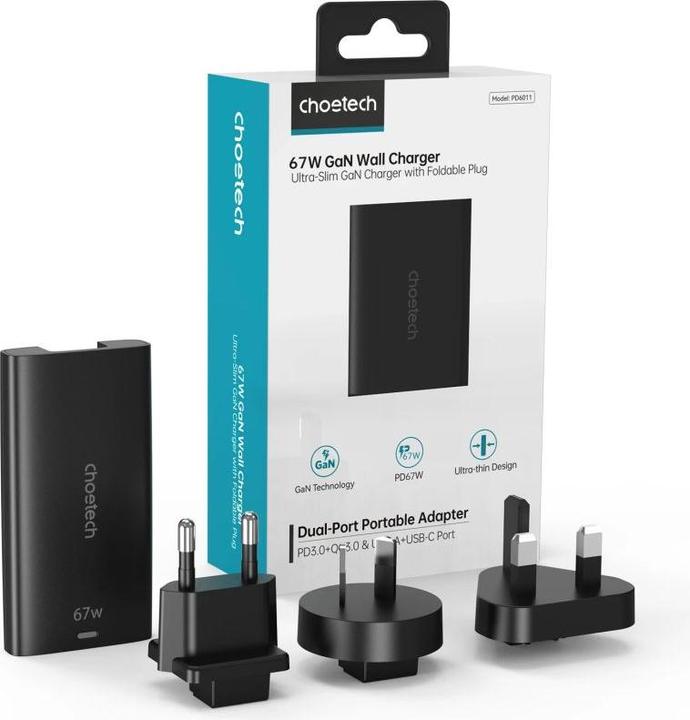 Image du produit Choetech Chargeur rapide USB-C et USB-A GaN (65 W, 2 ports)