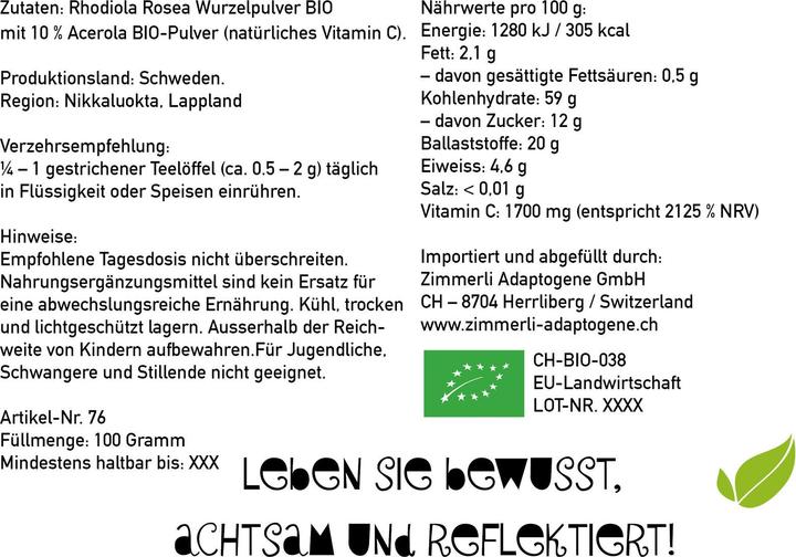Produktbild Zimmerli Adaptogene Rhodiola Rosea Pulver (BIO) (1 Stück, Pulver, 100 g)