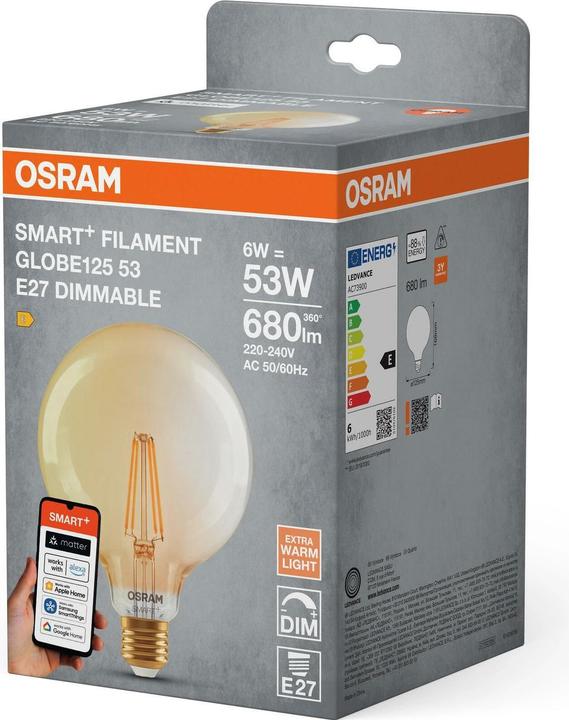 Produktbild Osram SMART+ MATTER FILAMENT CLASSIC shapes DIMMABLE 6W 824 FILAMENT GOLD DIM E27 (E27, 680 lm, 4x)