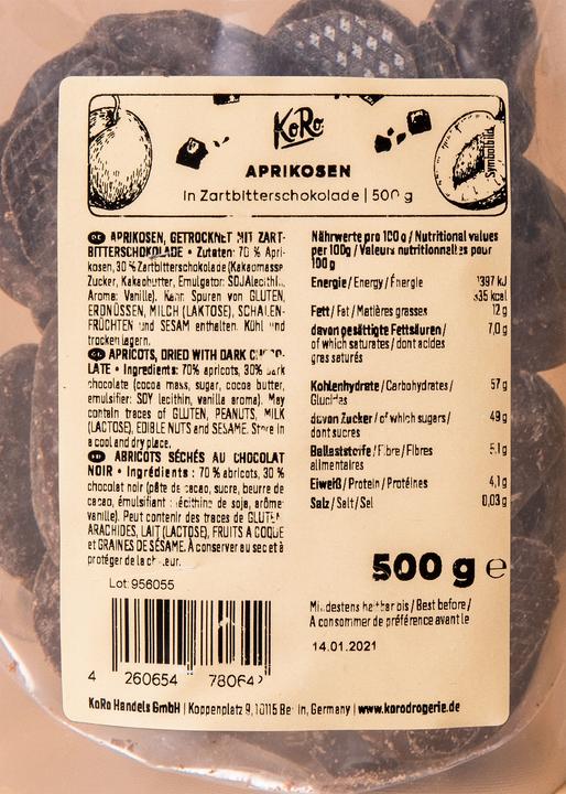 Produktbild KoRo Getrocknete Aprikosen mit Zartbitterschokolade (500 g)