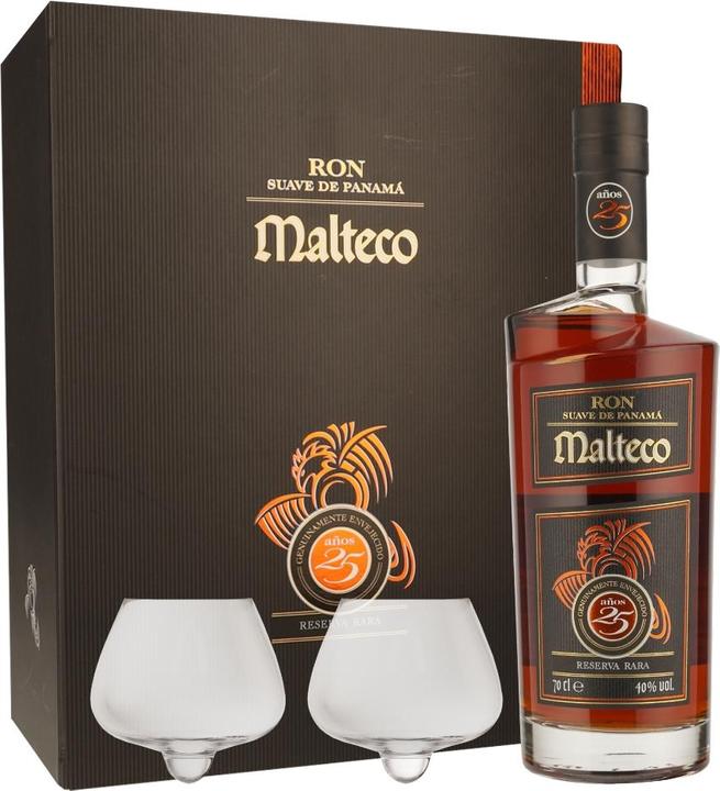Actual product image Ron Malteco Rum with 2 glasses