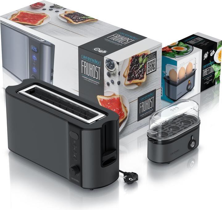 Actual product image Arendo Breakfast set, 2-slice long slot toaster with bread roll top & egg boiler for 3 eggs, grey