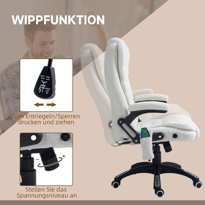 Produktbild Swisshandel24 Massage-Bürostuhl mit Wippfunktion, mit Heizfunktion, Liegefunktion, mit Fussstütze, Teddysamt, Weis