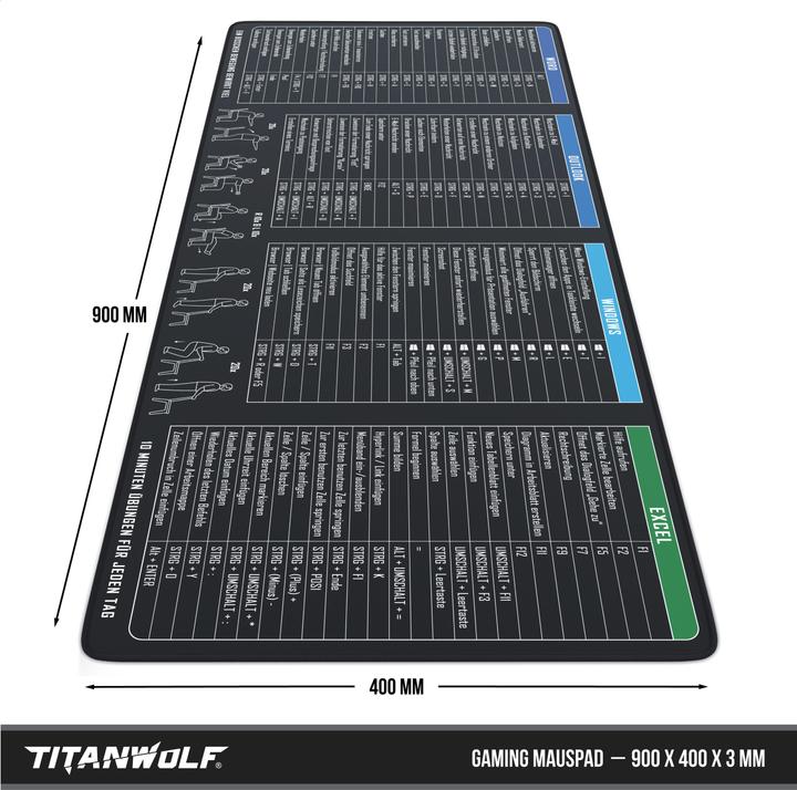 Immagine prodotto Titanwolf Mauspad XXL Speed Mousepad 900 x 400 x 3 mm, Schreibtischauflage, abwaschbar, MS Office Fitness (XXL)