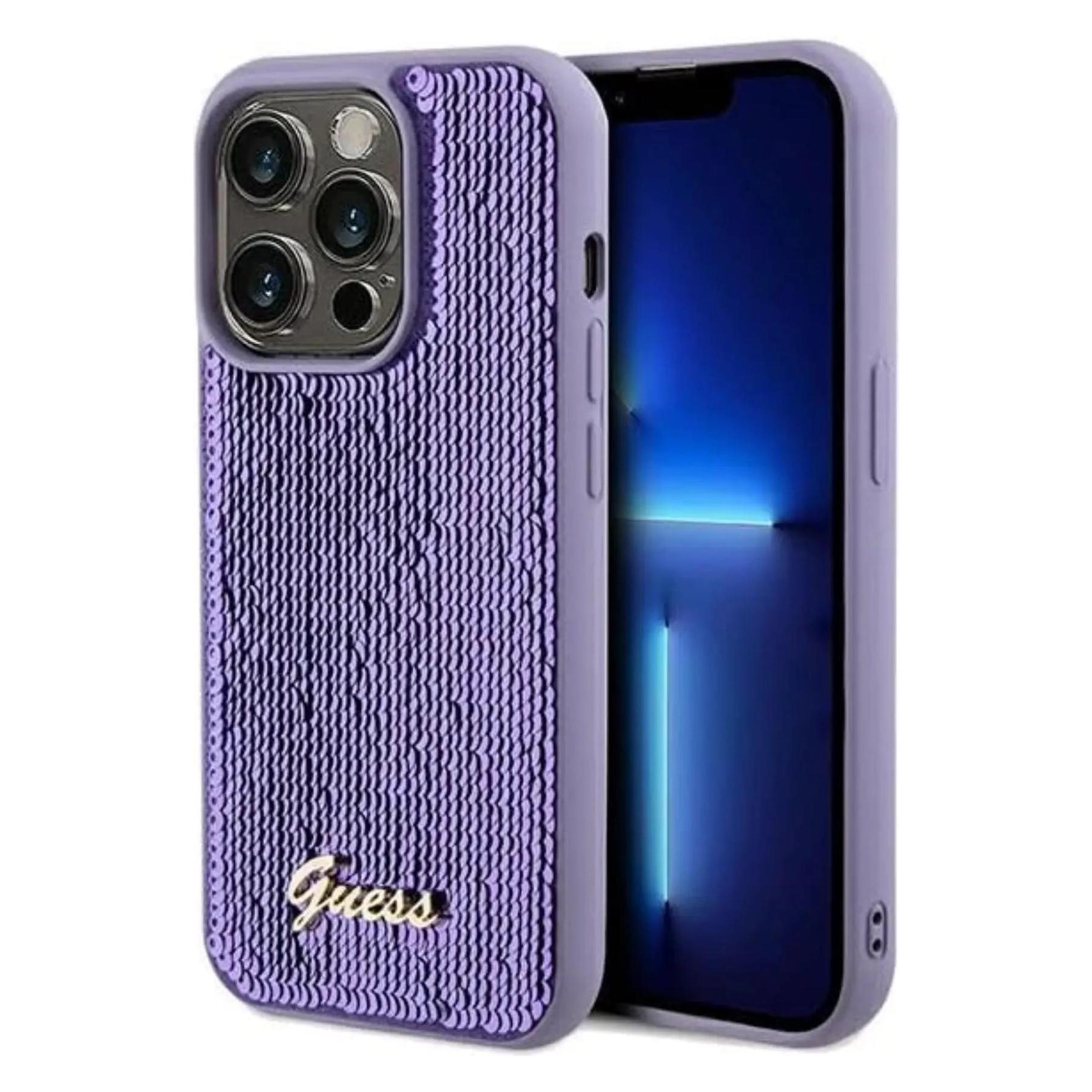 Guess GUHCP14XPSFDGSU IPhone 14 Pro Max 6.7" Fioletowy/purple Hardcase Sequin Script Metal (Apple IPhone 14 Pro Max), Smartphone Hülle, Violett