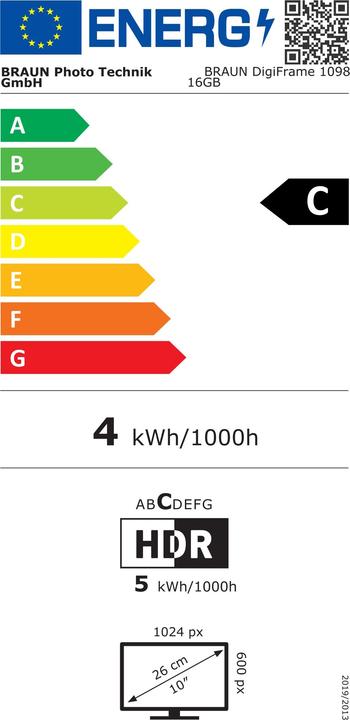 Etichetta energetica Braun Photo Braun DigiFrame 1098 25,65cm (10,1 ) 16GB (10.10", 1024 x 600 pixel)