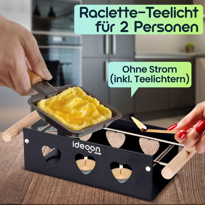 Produktbild Ideoon Raclette-Teelicht für 2 Person, Raclette Set ohne Strom inkl. Teelichtern und Schaber aus Metall