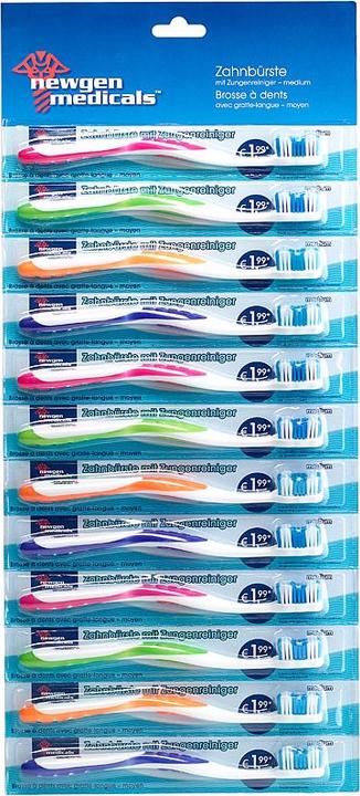 Image du produit Newgen medicals Lot de 12 brosses à dents de marque avec gratte-langue, MEDIUM, 4 couleurs (Moyen, 12 x)