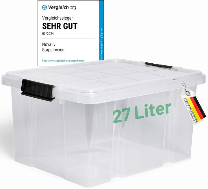 Immagine prodotto Novaliv Aufbewahrungsbox mit Deckel 27L transparente Nestbar stapelbare Plastikbox mit Clipverschlus (46,5 x 36,5 x 24 cm, 27 l)