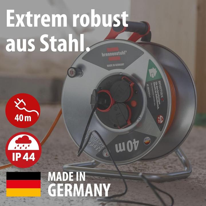 Actual product image Brennenstuhl Outdoor Cable Reel with Overheating Protection and 3 Waterproof Sockets (40 m, 1.50 mm²)