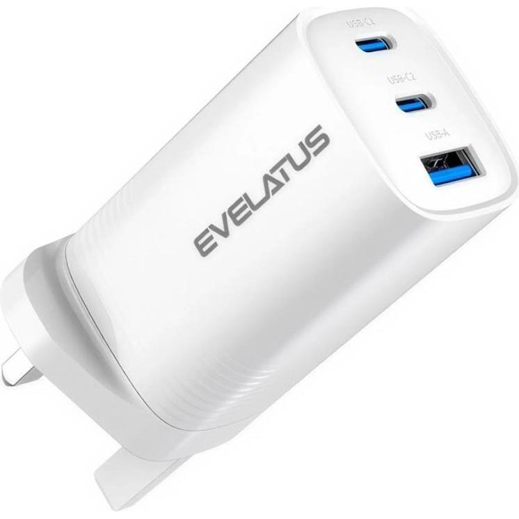 Evelatus Caricabatterie veloce da 65W Max UK USB-C1/USB-C1/USB-A (65 W), Caricatore USB, Bianco