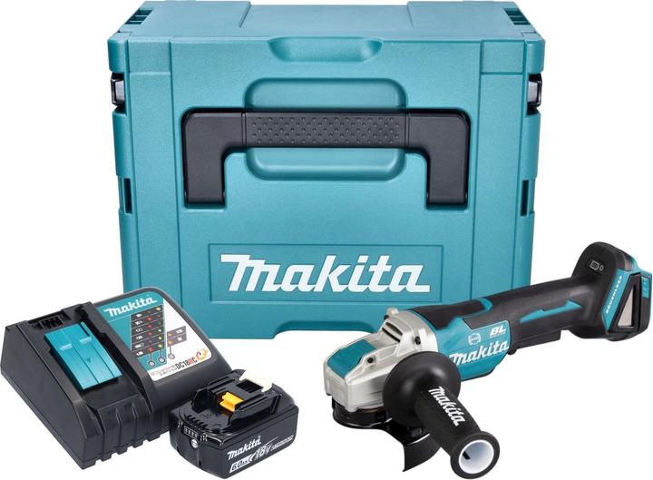 1x smerigliatrice angolare a batteria Makita DGA 520, 1x impugnatura laterale 36 cpl. (158237-4), 1x coperchio di protezione 125 mm (347618-9), 1x batteria ricaricabile Makita BL 1860 B 18 V 6.0 Ah, 1x caricabatterie Makita DC 18 RC, 1x valigetta Makita Makpac