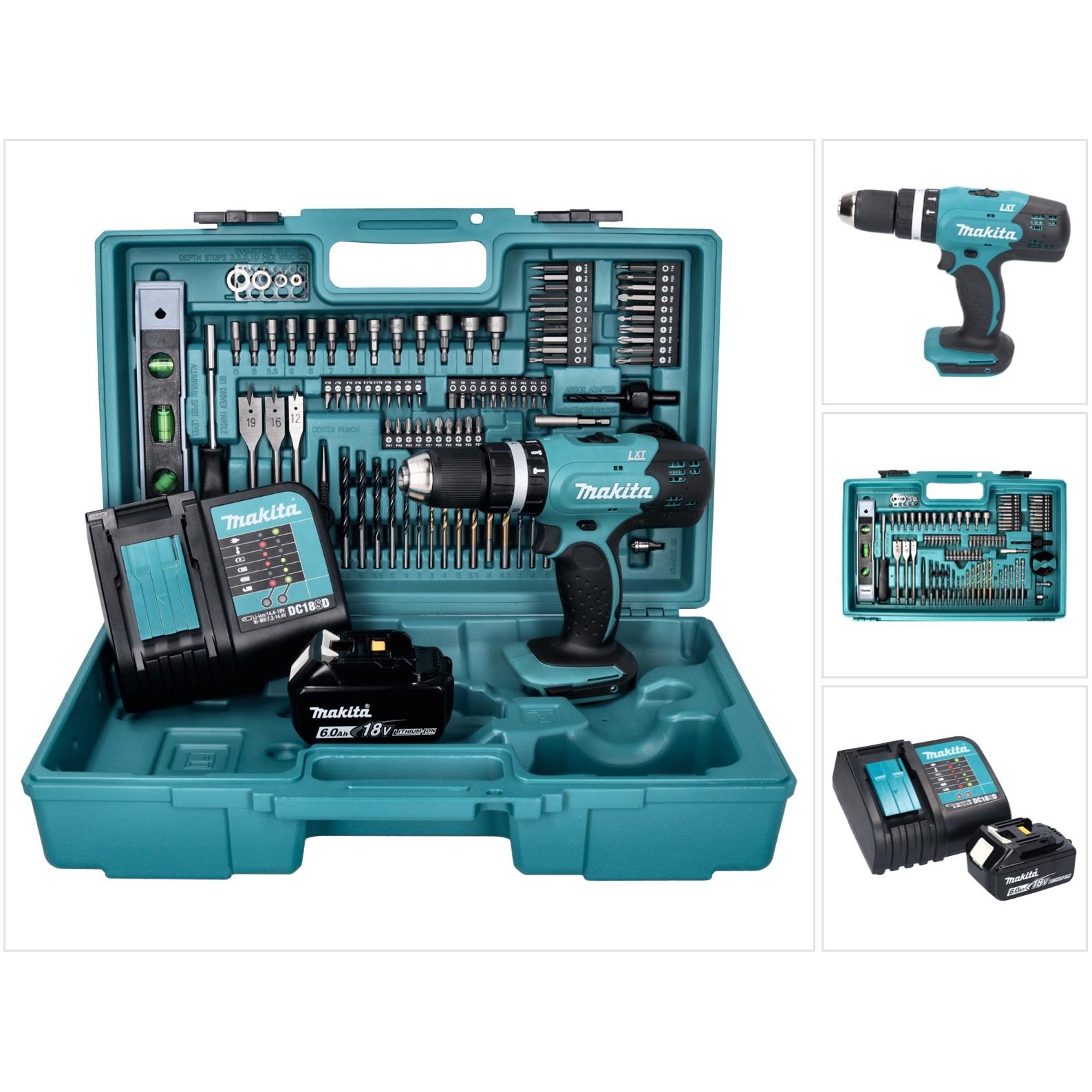 Makita, Bohrmaschine + Akkuschrauber, DHP 453 SGX5 Akku Schlagbohrschrauber 18 V 42 Nm + 1x Akku 6,0 Ah + Ladegerät + 10...