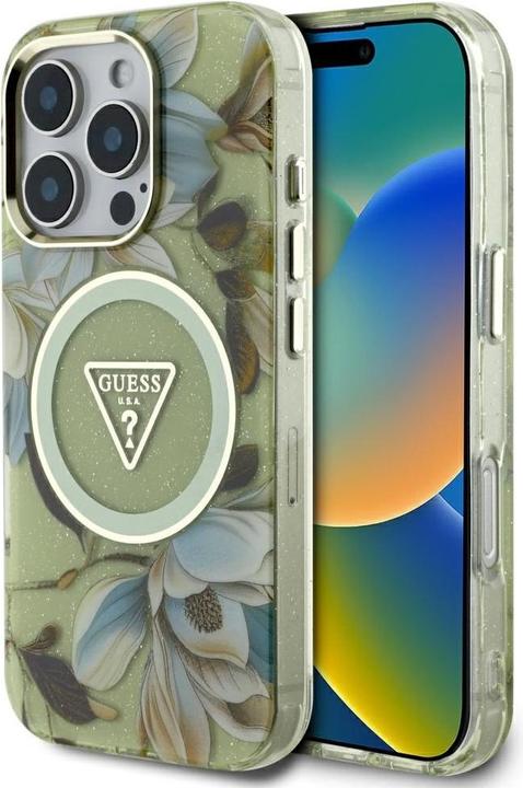 Produktbild Guess - IML Metal Glitter Flowers Triangle MagSafe (GUHMP16XHFLPEDN) - iPhone 16 Pro Max - Green (Apple iPhone 16 Pro Max)