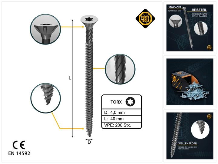Produktbild Forte tools CHIPBOARD SCR T20 4.0X40 WHITE ZN(200) (200 Schrauben pro Stück)
