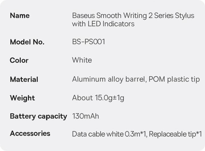 Valeurs nutritives et ingrédients Baseus Smooth Writing 2 Stylus Pen avec indicateurs LED (blanc)