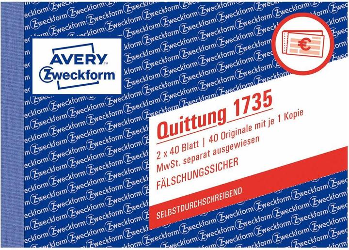 Productafbeelding Avery Ontvangstbewijs 1735 BTW getoond. (40 x)