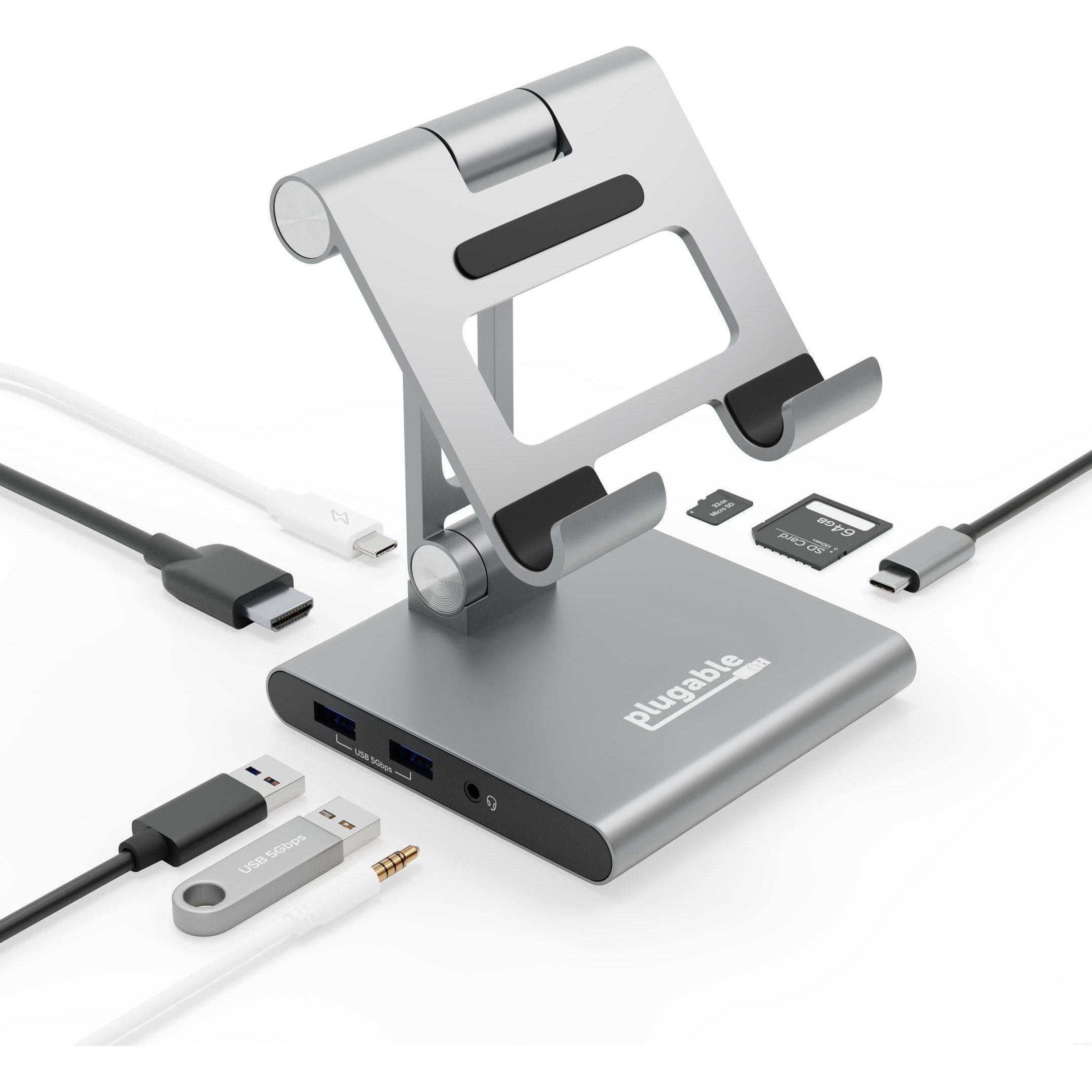 Thumbnail - Plugable USB-C Dock Tablet Phone Stand, Dockingstation + USB Hub, Silber
