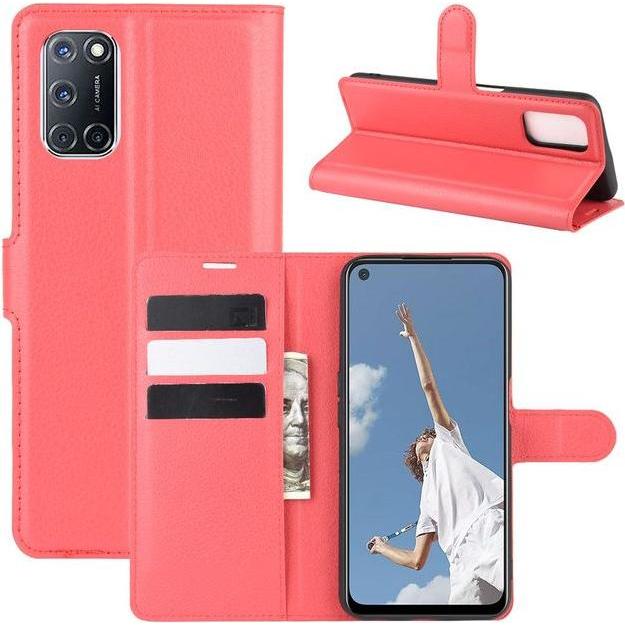 MU Classic Litchi Leder Bookcover Series (Oppo A52), Smartphone Hülle, Rot