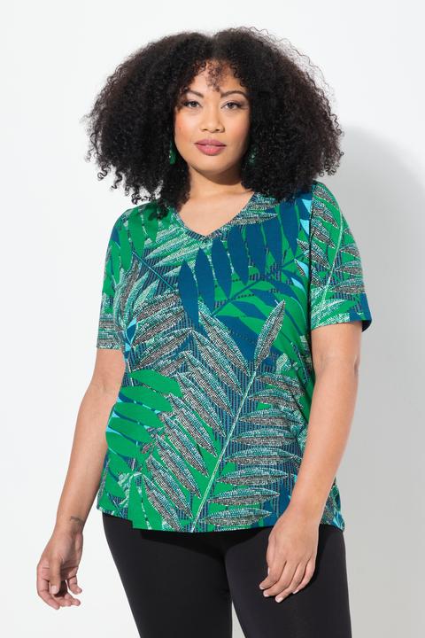 Immagine prodotto Ulla Popken T-shirt dal taglio svasato con palme, scollatura a V e mezze maniche (54)