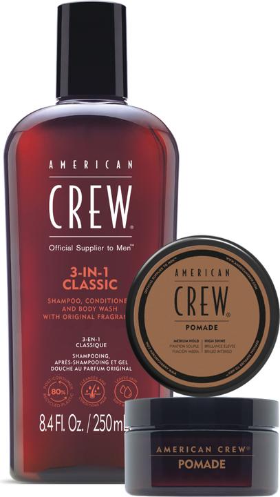 Immagine prodotto American Crew Set Duo Vacanze: Shampoo, Balsamo e Lavaggio Corpo Classico 3 in 1 250ml + Pomata 50g (Set per la cura dei capelli)