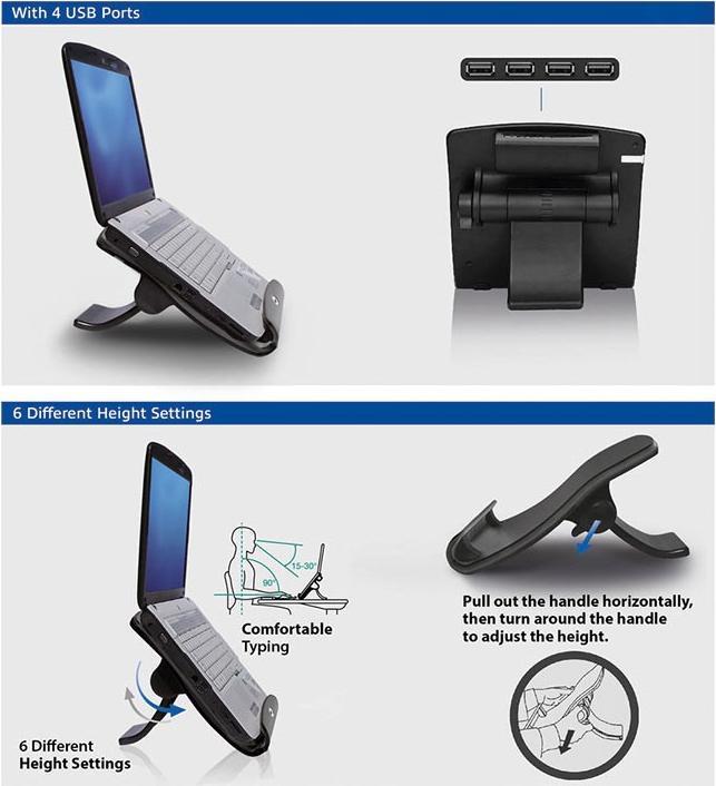 Image du produit ACT Support pour ordinateur portable, jusqu'à 17", hauteur réglable (6 positions), hub 4 ports