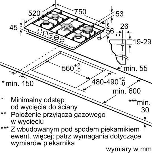 Immagine prodotto Bosch Hausgeräte PGQ7B5K90 Serie 4, Piano cottura a gas, 75 cm, Acciaio inox