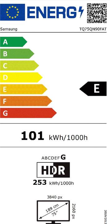 Label énergétique Samsung TV AI Neo QLED 75" QN90F 2025, 4K, Mini LED sans reflet (75", 4K, 2025)