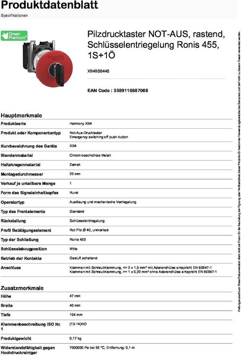 Produktbild Schneider Electric Not-Halt Schlüßelentrieglung N/O-N/C