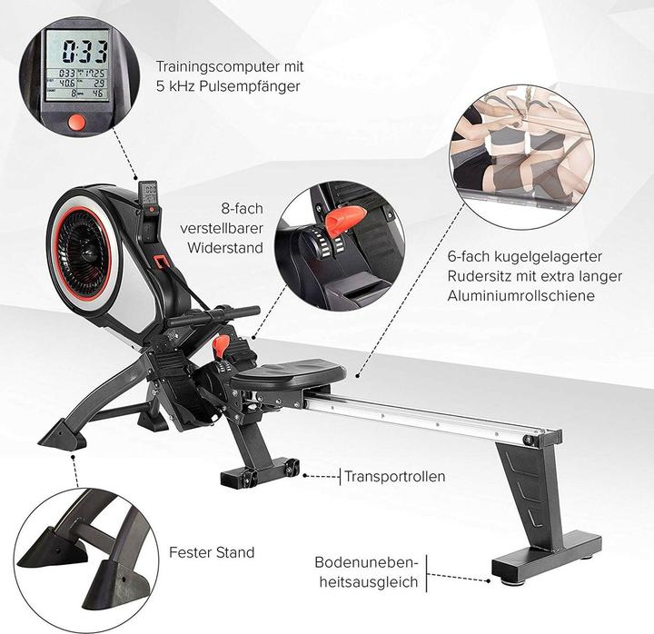 Produktbild Sportplus Rudergerät mit Luftwiderstand | klappbar | 8 Widerstandsstufen | schwarz/rot