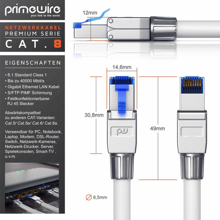 Produktbild Primewire LAN Kabel CAT.8, RJ-45, Netzwerkkabel CAT 8, Gigabit Ethernet 40 Gbit/s, S/FTP Pimf Patchkabel (S/FTP, CAT8.1, 30 m)