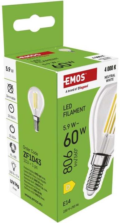 Produktbild Emos LED Lampe Filament Mini Globe / E14 / 5,9 W (60 W) / 806 lm / Neutral Weiss (E14, 806 lm, 1 x)