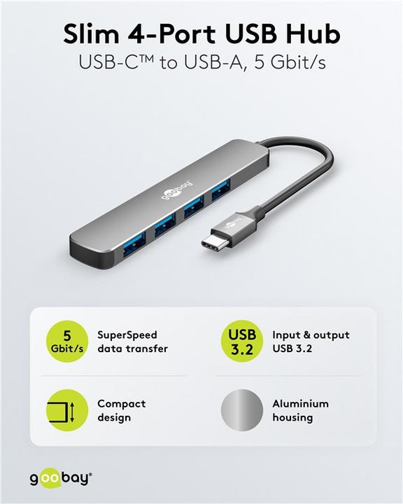 Immagine prodotto Goobay Slim 4-Port USB-Hub, USB-C auf USB-A, 5 Gbit/s (USB-C, 4 porte)