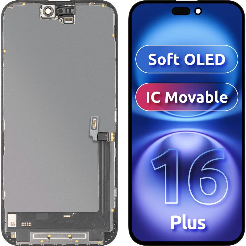 MP LCD Display Module fur Apple iPhone 16 Plus, Soft OLED FHD IC Movable Version, Aftermarket, Black (Display, Apple iPhone 16 Plus), Pezzi di ricambi
