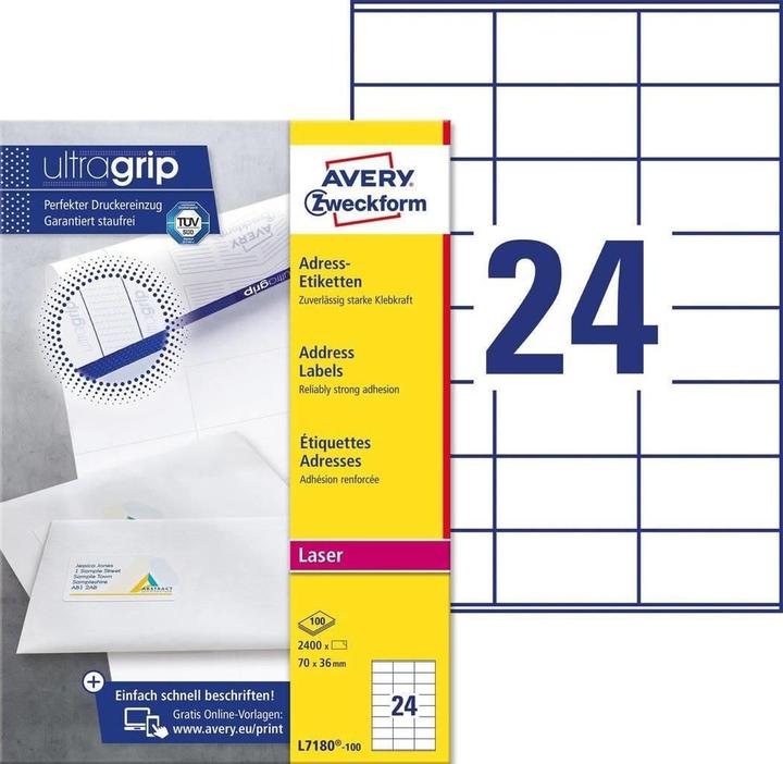 Image du produit Avery L7180-100, Blanc, Étiquette d'impression adhésive, A4, Rectangle, 70 mm, 36 mm