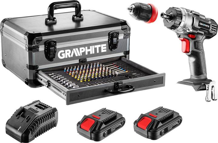 Actual product image Graphite Energy + set in aluminum housing: drill 2x18V (Rechargeable battery operated)