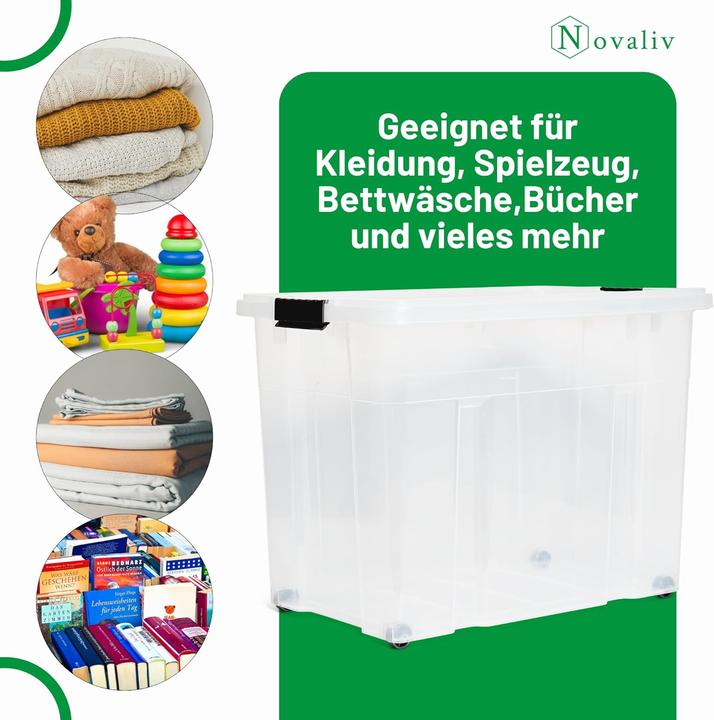 Actual product image Novaliv XXL Aufbewahrungsbox mit Deckel Gross 80L transparente Nestbar stapelbare Plastikbox mit Clip (61 x 40 x 45 cm, 80 l)