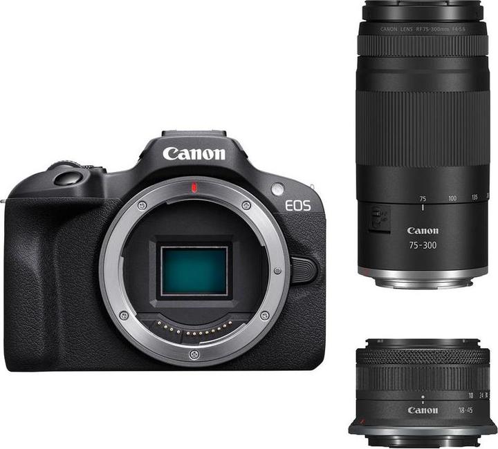 Produktbild Canon EOS R100 + RF-S 18-45 + RF 75-300 (18 - 45 mm, 24.10 Mpx, APS-C / DX)