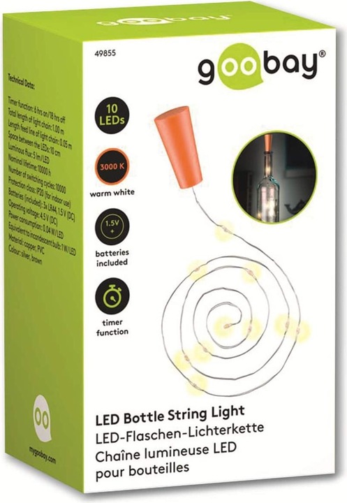Immagine prodotto Goobay Catena luminosa a 10 LED per bottiglie, con timer, argento-marrone chiaro (0.95 m)