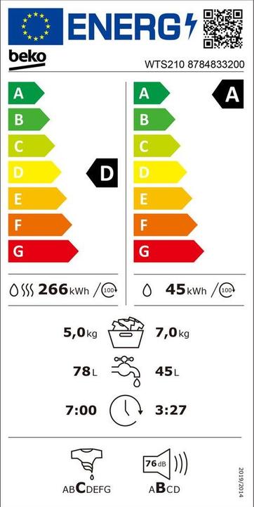 Label énergétique Beko Waschtrockner WTS210, W7kg/T5kg