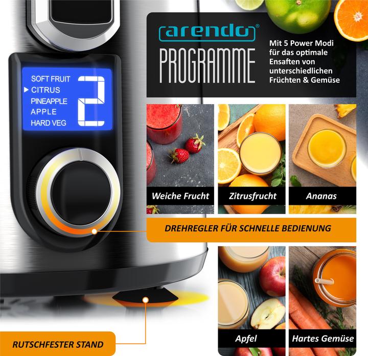 Produktbild Arendo Zentrifugalentsafter,1000W, BPA Frei, Edelstahl, XXL-Einfüllschacht, Programme, Display, Tropfstopp