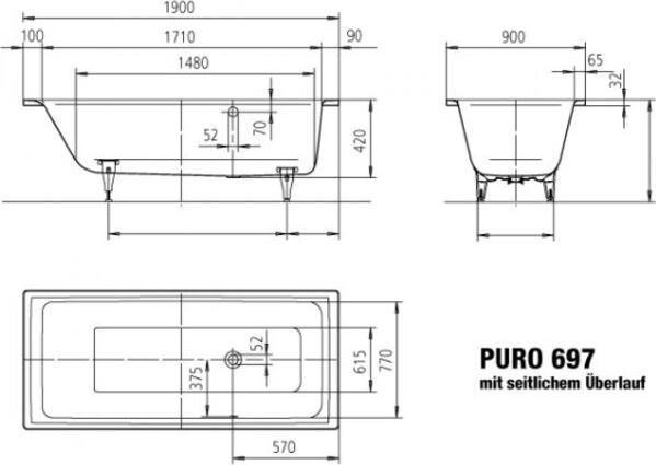 Actual product image Kaldewei Puro 697 190x90cm with lateral overflow