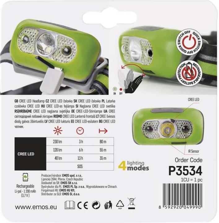 Actual product image Emos CREE LED Rechargeable Headlamp, 230 lm, 80 m, Li-Pol 1200 mAh (230 lm)