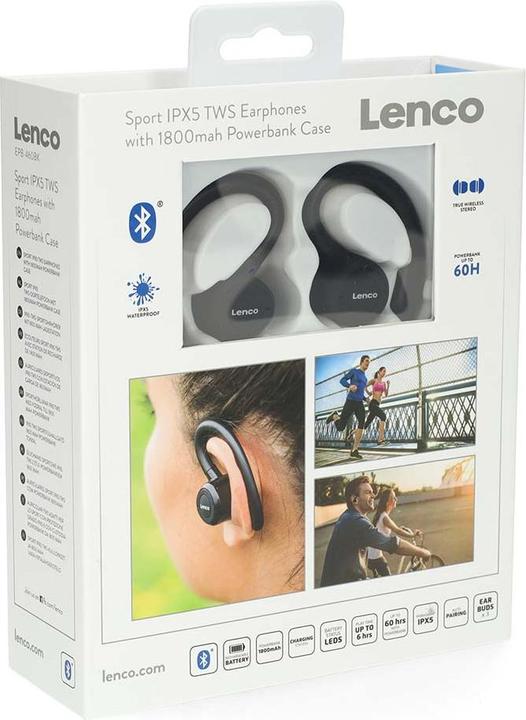 Immagine prodotto Lenco Auricolare stereo B 460BK Bluetooth® Sport, gancio per le orecchie, resistente al sudore (60 h, Senza fili)