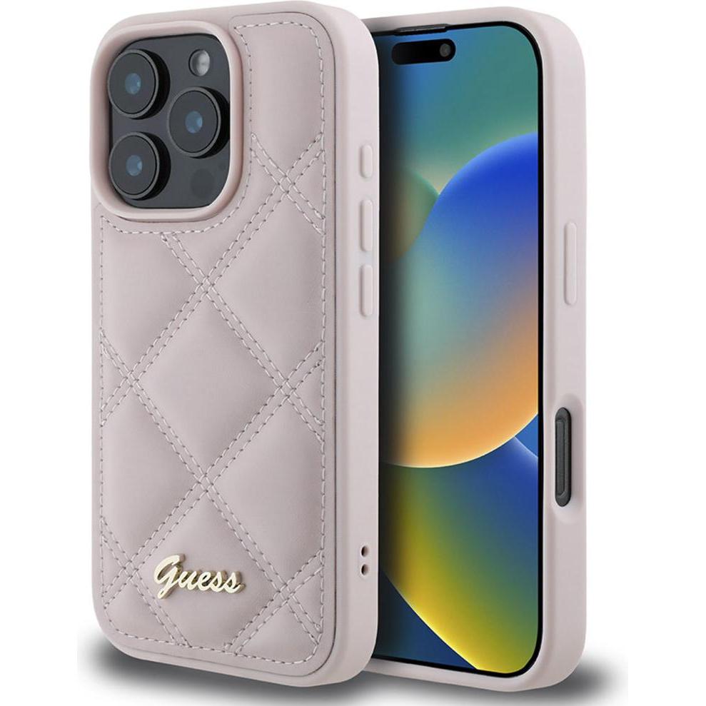 Guess GUHCP16LPSQSQSP iPhone 16 Pro 6.3" różowy/pink hardcase Quilted Metal Logo (Apple iPhone 16 Pro), Smartphone Hülle...